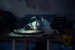 a man is working on a piece of art